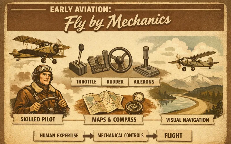 Slide: early aviation, flown by a skilled pilot with throttle, rudder and ailerons