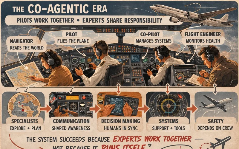 Slide: the co-agentic era, with a navigator, pilot, co-pilot and flight engineer