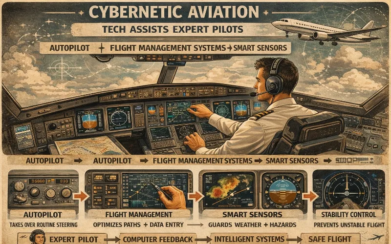 Slide: an expert pilot flying with autopilot, flight management and smart sensors